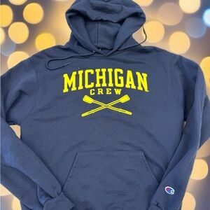 Champion Dark Blue Hoodie with Yellow Michigan Crew Graphic